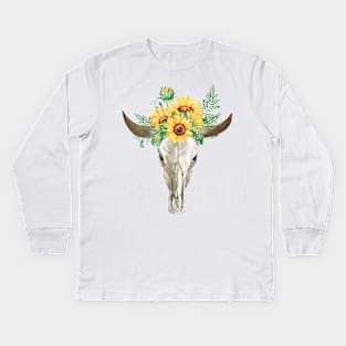 Watercolor skull with sunflowers Kids Long Sleeve T-Shirt